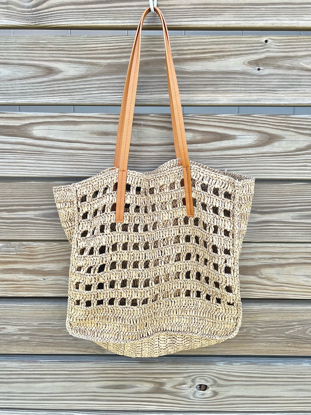Unbranded Woven Straw French Market Style Tote Tan Straps Coastal Beach Bag